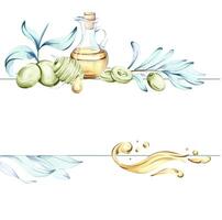 Olives and olive oil illustrated in watercolor showcasing elements of Italian cuisine and nature frame, border, arrangement vector