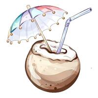 Delight in a tropical coconut drink topped with a whimsical umbrella, embodying summer vacation vibes at the beach. Ideal for sunny celebrations and relaxation. vector