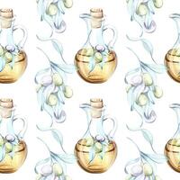 Seamless pattern of olives and olive oil in watercolor technique featuring elements of Italian cuisine and nature for elegant background or wallpaper design vector