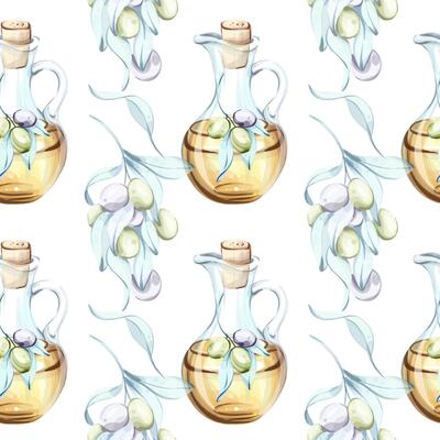 Seamless pattern of olives and olive oil in watercolor technique featuring elements of Italian cuisine and nature for elegant background or wallpaper design