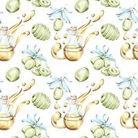 Seamless pattern of olives and olive oil in watercolor technique creating a background wallpaper inspired by Italian cuisine nature and healthy living vector