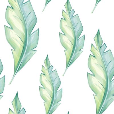 This seamless pattern features beautifully painted green tropical leaves on a clean white background. Perfect for adding a fresh and vibrant touch to various design projects.