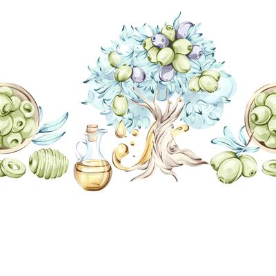 Olives and olive oil in a seamless pattern frame with watercolor illustrations highlighting the beauty of Italian cuisine and nature showcasing the arrangement of olives an olive tree and oil