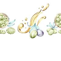 Olives and olive oil depicted in vibrant watercolor illustrations celebrating Italian cuisine and nature frame, border, arrangement, seamless pattern vector