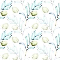 Seamless pattern of olives and olive oil in watercolor technique featuring elements of Italian cuisine and nature ideal for backgrounds and wallpapers vector