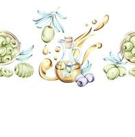 Vibrant watercolor illustration of olives and olive oil celebrating the essence of Italian cuisine frame, border, arrangement, seamless pattern vector