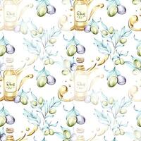 Seamless pattern of olives and olive oil in watercolor technique for background and wallpaper that celebrates Italian cuisine and natures beauty vector