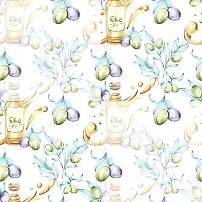 Seamless pattern of olives and olive oil in watercolor technique for background and wallpaper that celebrates Italian cuisine and natures beauty