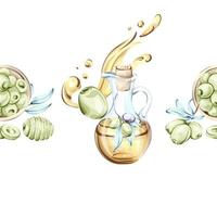 Vibrant watercolor illustrations of olives and olive oil celebrating Italian cuisine and natures beauty frame, border, arrangement, seamless pattern vector