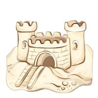 Delight in the creativity of building a sandcastle on a sunny beach, with gentle waves lapping at the shore and a clear blue sky overhead. vector
