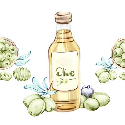 Olives and olive oil illustrated in watercolor with frame border arrangement for a seamless pattern inspired by Italian cuisine and natures beauty