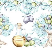 Olives and olive oil in a seamless pattern with a beautiful frame capturing the essence of Italian cuisine and nature through watercolor illustrations vector