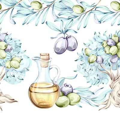 Olives and olive oil in a seamless pattern with a beautiful frame capturing the essence of Italian cuisine and nature through watercolor illustrations