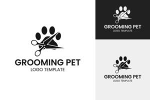 Pet grooming logo with scissors and paw icon design illustration vector