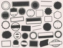 Retro Grunge Stamps frames icon shape set. Black round and square empty stamp border pack. Blank Stamp template grunge ink rubber labels collection. image Isolated on white background. vector