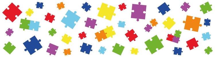 Colorful jigsaw puzzle pieces seamless banner on white background. Fun educational game concept, playful design for children, teamwork, logic, and creativity. vector