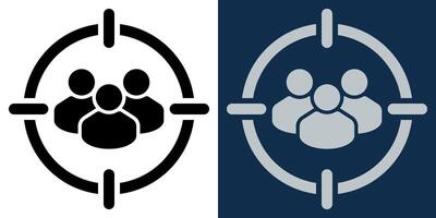 Target audience icon. Focus group in crosshair. CRM segmentation, marketing target, customer identification or data analysis concept. Flat design in black and blue color. vector