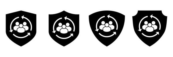 User protection icon set. Shield with people and arrows symbolizing secure communication, privacy, teamwork, data safety, group management and community trust vector