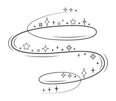 Magic swirl trail with sparkles. Hand drawn spiral star dust line. Fantasy swirl path for magical effect or fairytale design. Black outline isolated vector