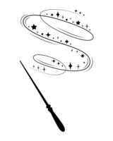 Magic wand with swirling sparkle trail. illustration of a fairy tale wand casting spell with stars and glitter. Black silhouette icon for fantasy, magic, or Halloween design themes. vector