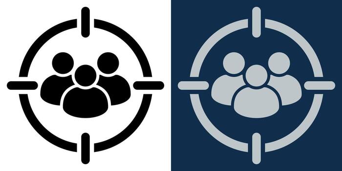 User targeting icon with group of people in a crosshair. Customer audience identification, marketing segmentation, focus group or CRM concept. Flat symbol in black and blue. vector