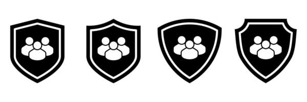 User protection icons. Black shields with group symbols representing online safety, privacy protection, secure access, data defense, social security and user privacy for websites and apps. vector