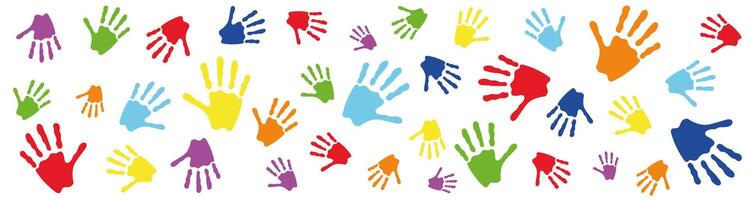 Colorful handprint pattern banner. Multicolored child palm print background for kids activities, school projects, creativity, or diversity celebration. Horizontal playful design on white. vector