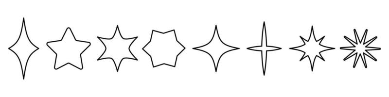 Set of outline star shapes and sparkle icons. Thin line hand-drawn magic stars, decorative twinkle elements. Black outline doodle style for design, magic, Christmas, or fairy tale themes. vector