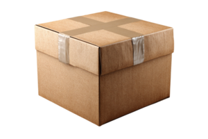 A brown cardboard box with a silver band around it png