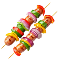 Two grilled sausage skewers with colorful bell peppers and red onion on a transparent background Concept of summer barbecue, healthy eating, and delicious food png