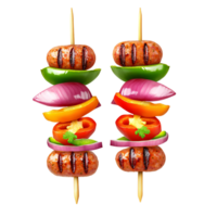 Grilled sausage skewers with colorful bell peppers and red onion on a transparent background Concept of healthy eating, summer grilling, and delicious barbecue png