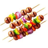 Grilled meatball skewers with colorful bell peppers and red onion on a transparent background Concept of healthy eating, barbecue, and summer grilling png