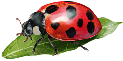 Detailed illustration of a red ladybug with black spots resting on a vibrant green leaf Concept of nature, spring, and beneficial insects png