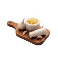 Minced garlic paste or lahsun puree on a wooden chop board png
