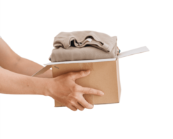 Man holding box of clothes. Give clothes charity donation. Reuse recycle png