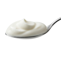 A close up of a metal spoon filled with creamy white yogurt against a transparent background png