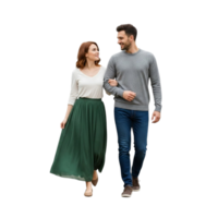 A happy couple walks arm in arm looking at each other with smiles png