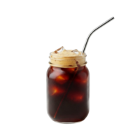 Refreshing cold brew coffee with creamy foam and ice in a mason jar with metal straw png