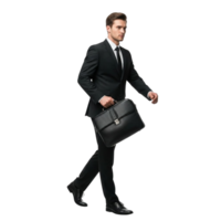 Professional businessman in a black suit walking with a briefcase on a transparent background png
