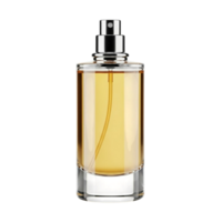 Elegant glass perfume bottle with golden liquid and silver spray nozzle png