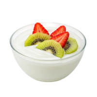 A delicious bowl of creamy yogurt topped with fresh sliced strawberries and kiwi png