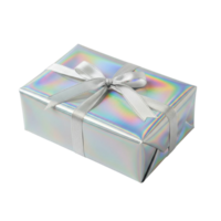 A holographic gift box wrapped in silver paper with a satin ribbon tied in a bow png