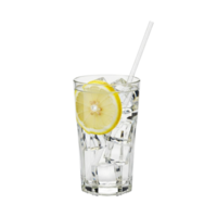 Refreshing glass of water with ice and lemon slice and straw png