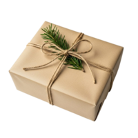 A rustic gift wrapped in brown paper tied with twine and decorated with a green pine sprig png