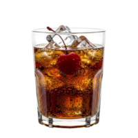 Refreshing cola drink with ice cubes and a maraschino cherry garnish png