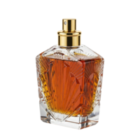Elegant amber perfume bottle with intricate glass design and gold cap png