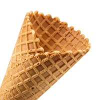 Close up of a golden brown waffle ice cream cone with a textured surface png