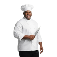 Smiling chef in uniform holding a sharp kitchen knife ready to cook png