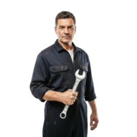Confident mechanic in blue overalls holding a large silver wrench png