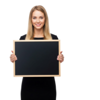 Smiling woman holding a blank chalkboard with a transparent background png
